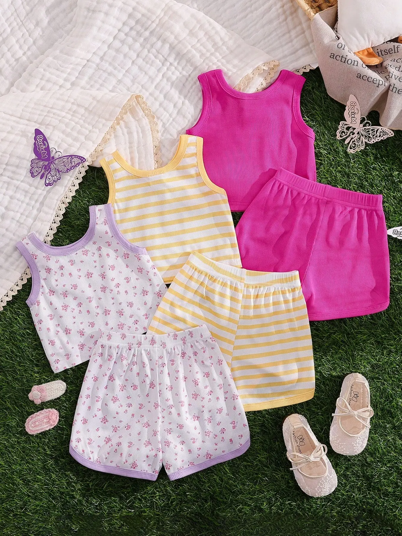 3 Sets (6 Pieces) Toddler Girls' Knit Fabric Tank Top and Shorts Set Striped Floral Print Solid Casual Outfit for Spring Summer Outdoor Play, Ideal Gift