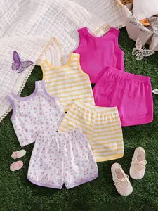 Three Sets (six Pieces) Toddler Girls' Casual Striped Floral Print Solid Soft Comfortable Knit Fabric Tank Top Shirt Shorts Set for Outdoor Wear Spring Summer