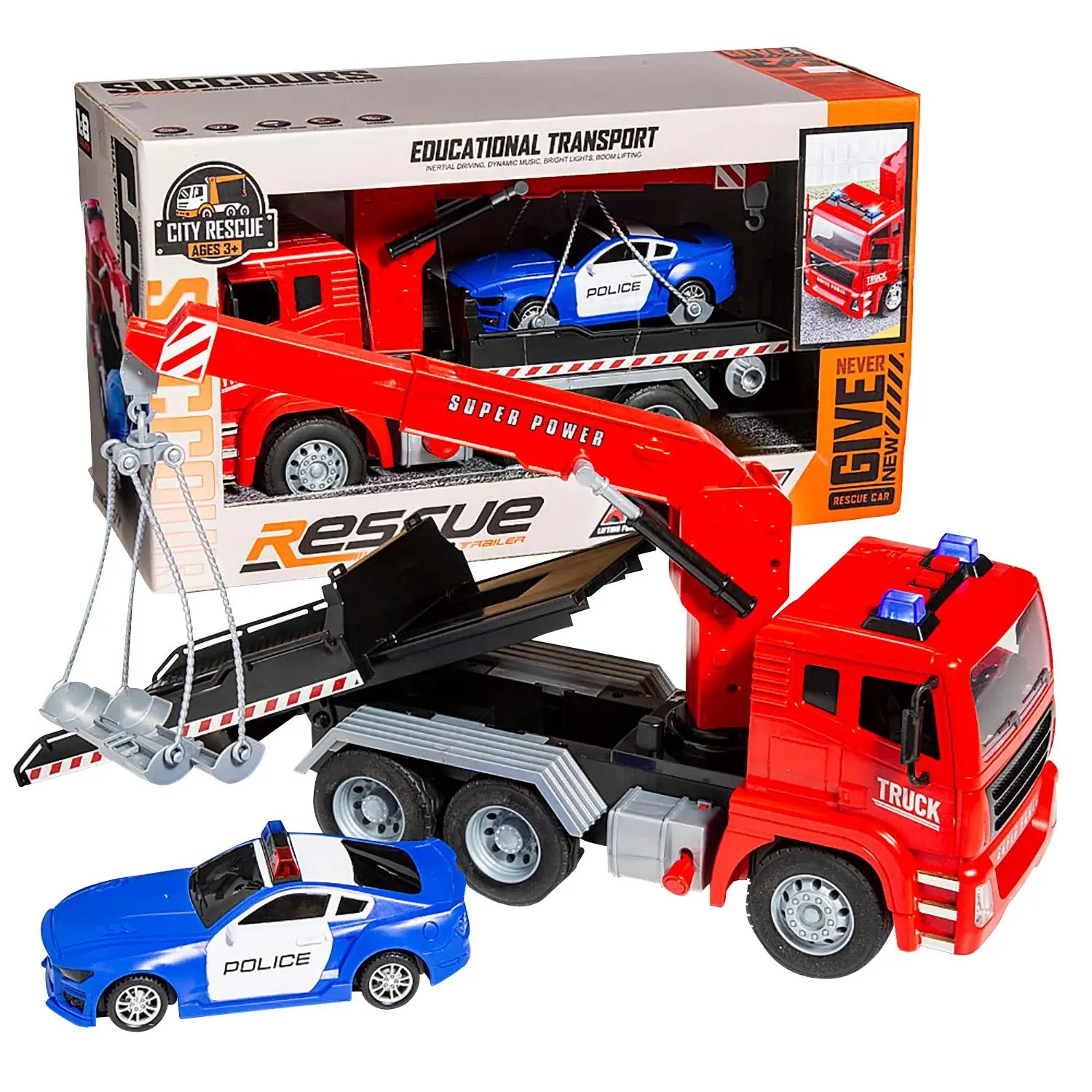 10 3/4" Light-Up Red Plastic Highway Theme Rescue Trailer Toy Set - 2-Pc Electric Toy with Police Car, Sound Effects, 20 3/4" x 7 1/4" Size, Button Press, for Cars Kids Ages 4+, Road Trips
