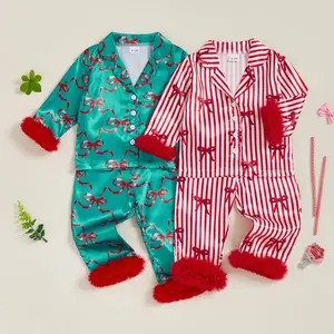Halloween Christmas Girls Pajama Set with Floral Print Kids Girls Christmas Pajamas Set, Bow Print Long Sleeve Tops with Elastic Waist Pants Sleepwear