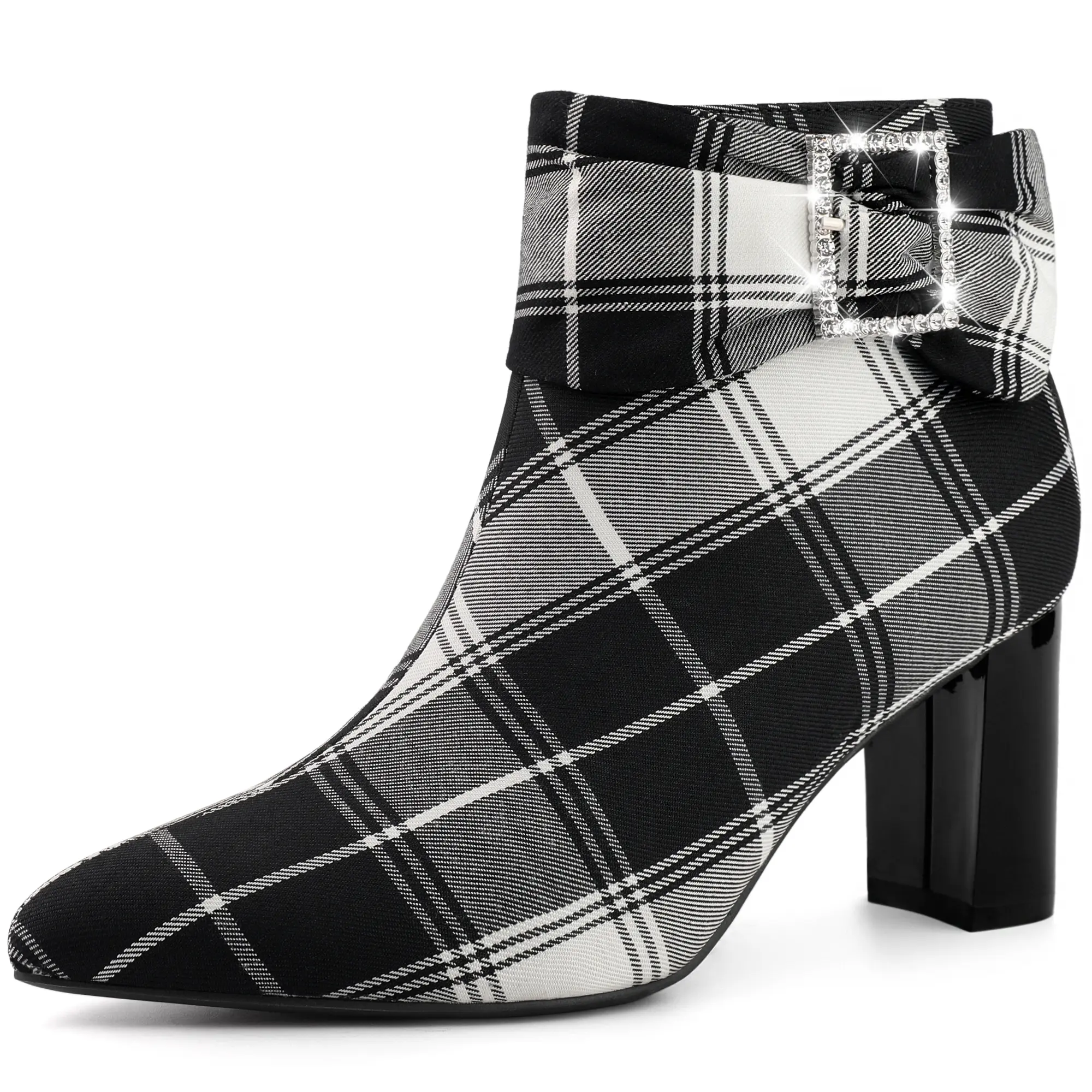 BLISSFUL STEP Plaid Pointy Toe Rhinestone Bow Zipper Chunky Heels Ankle Boots for Women