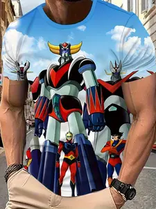 Plus Size Men's 3D Printed Anime Robot & Character Graphic T-Shirt, Menswear - Cartoon Design, Regular Fit Casual Short Sleeve Tee, Soft Durable Fabric, Machine Washable, Streetwear for Pop Culture Enthusiasts, Reflective Design, Everyday Outfit