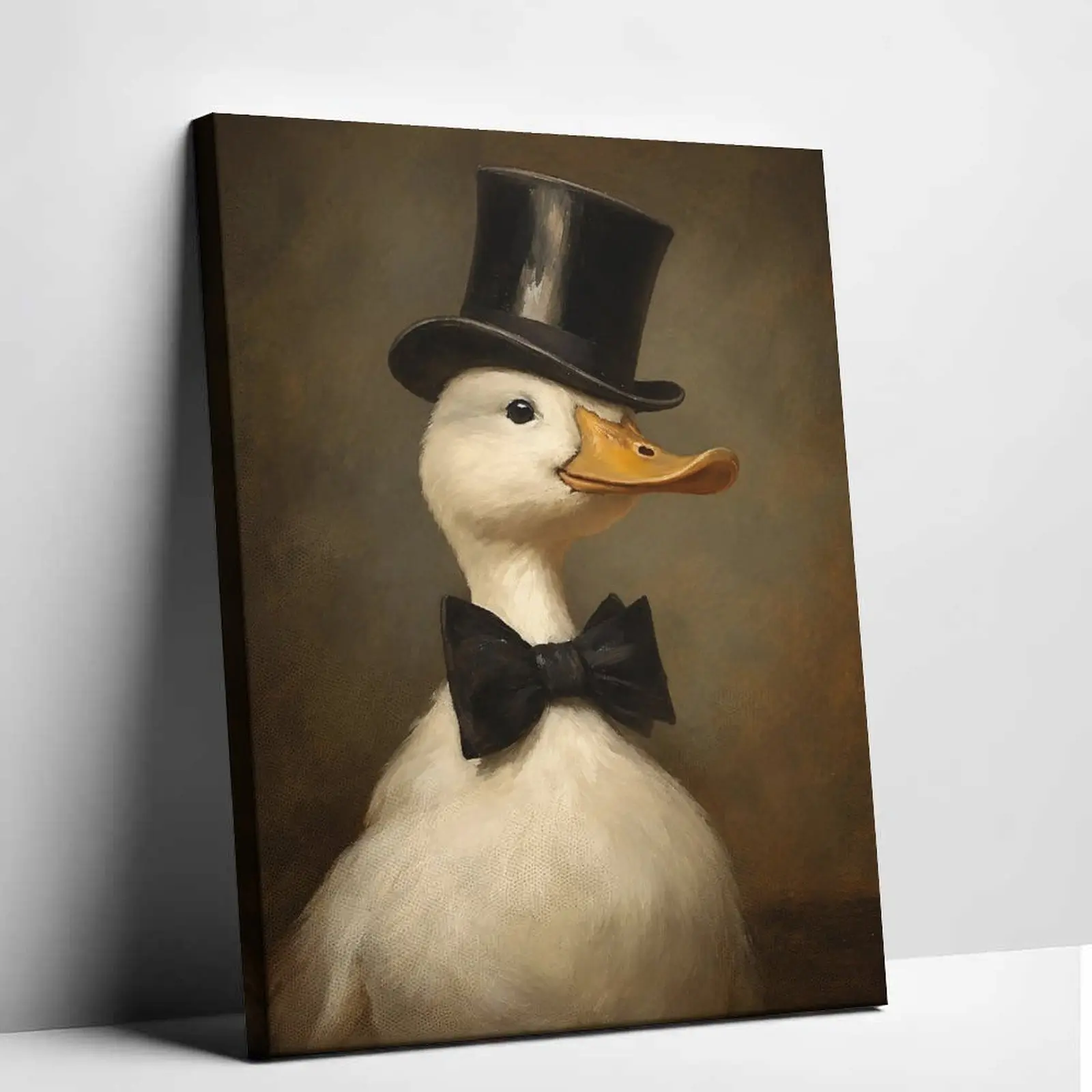 Gentleman Duck in Top Hat Canvas Wall Art Bowtie Duck Poster Print Quirky Animal Oil Painting Classic Moody Country Graphic Picture Modern Eclectic Decor for Living Room Kitchen Studio, Living Room Decorations