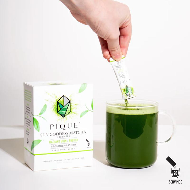 Pique Life Sun Goddess Matcha - Radiant Skin & Energy, Ceremonial Grade, Organic, Non-GMO, Vegan, Gluten Free, Hand-Harvested Spring Leaves (28 servings per carton, 56g total)