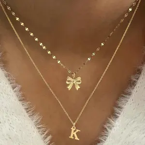 DAN QI 2Pcs/Set Fashionable Classic Silver Color Initial Bow Pendants Lip Chain Choker Stainless Steel Layered Chain Necklaces For Women