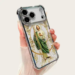 Luxury Saint Jude Thaddeus Transparent Electroplated Corner Shockproof Phone Case For iPhone 17 Pro Max 16 Air 15 Plus 14 13 12 11 E Heavy Duty Cushion Bumper Protective Cover Religious Gift For Men Women, Ideal Holiday Present