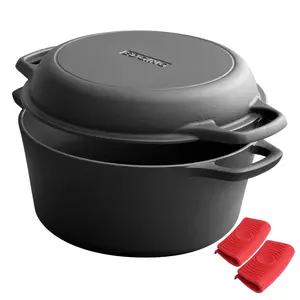 2-in-1 Pre-Seasoned Cast Iron Dutch Oven Pot with Skillet Lid Cooking Pan, Cast Iron Skillet Cookware Pan Set with Dual Handles Indoor Outdoor for Bread, Frying, Baking, Camping