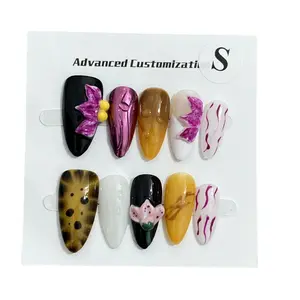 Three-dimensional Carved White High-grade Mid-length Manicure Wear Nail Almond Shaped with Rose Tulip Shell Patterns for Ladies