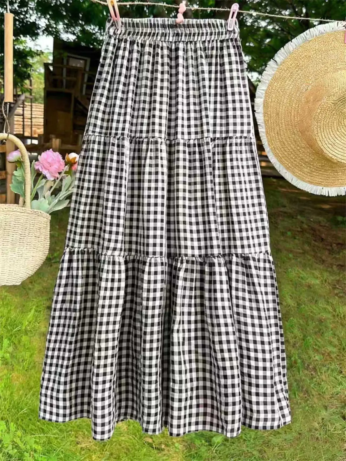 Women's Vintage Striped Casual Elegant Chic Layered Midi Skirt, High Waist Loose-Fitting Plaid Skirt for All Seasons, Flowy Tiered Skirt, Summer Casual Skirt