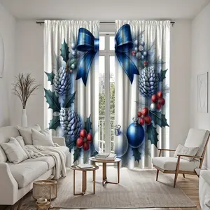 2pcs Festive Christmas Corner Curtains with Pine Cones, Balls & Bows - High-Definition Digital Print, Semi-Transparent Polyester, Rod Pocket Design for Living Room & Bedroom Decor,Christmas Curtains for Living Room
