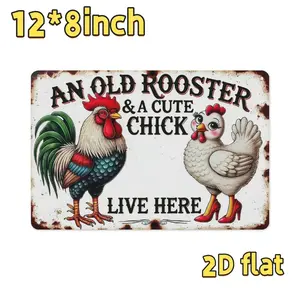1pc Vintage "An Old Rooster & Cute Chick Live Here" Aluminum Sign 8x12 Inch - Rustic Farmhouse Wall Decor for Home, Kitchen, Garden, Barn - Durable Weather-Resistant Metal Art with Pre-Drilled Holes, Garden Signage |   Whimsical Animal Desi