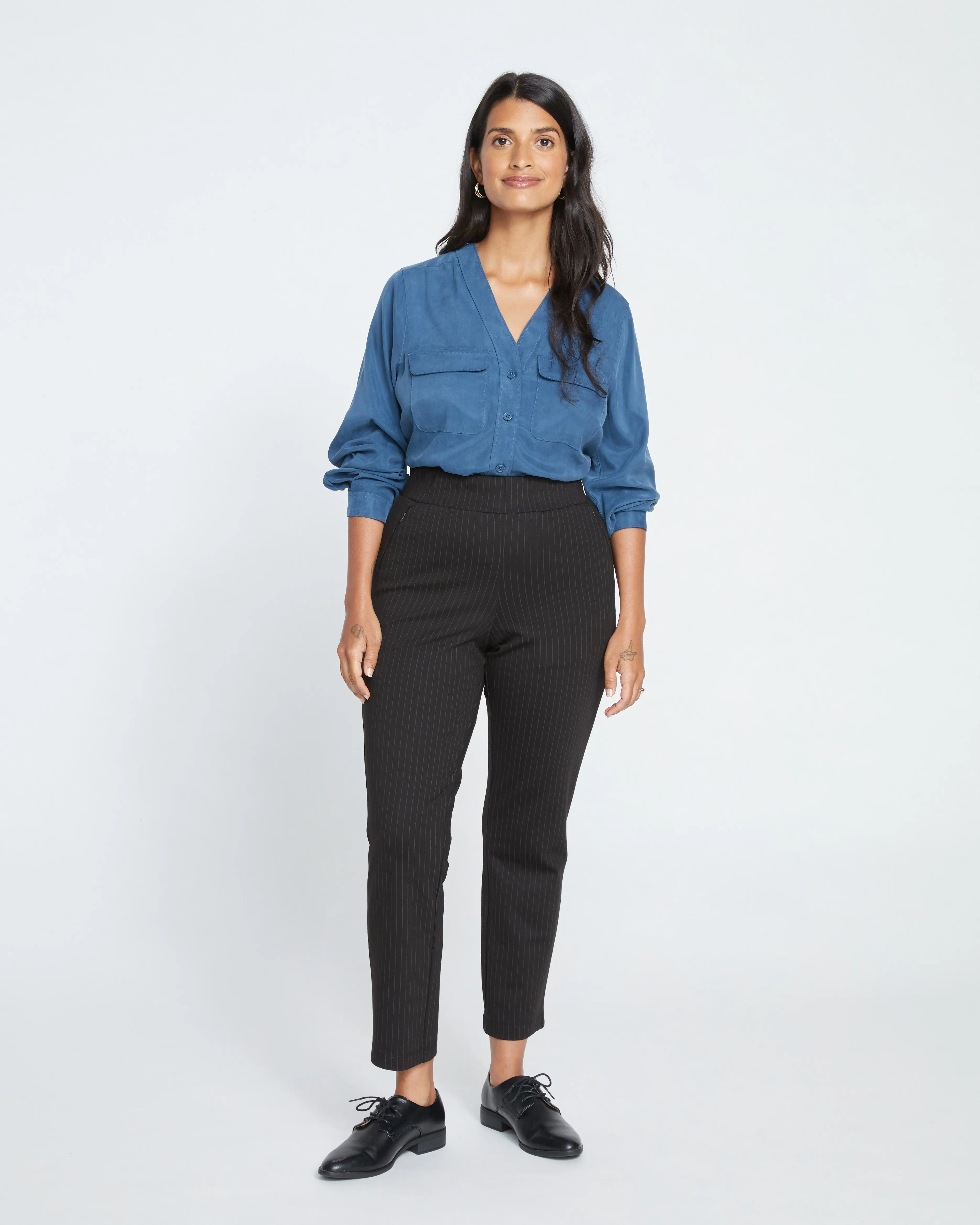 Women's Tailored Pinstripe Ponte Pants | Casual Pull-On Style with a Fitted Waist and Invisible Pockets, Bottoms, Tailored Pants, Casual Wear, Polished Look, Soft Stretch, Slate Pinstripe, Work, Pull-On Pants