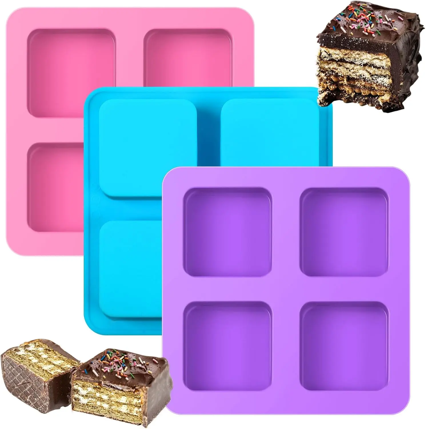 3Pcs 4-Cavity Silicone Square Baking Molds, Non-Stick Deep Cavity Trays for Chocolate Covered Cookies, Reusable Freezer Trays, Silicone Baking Mold