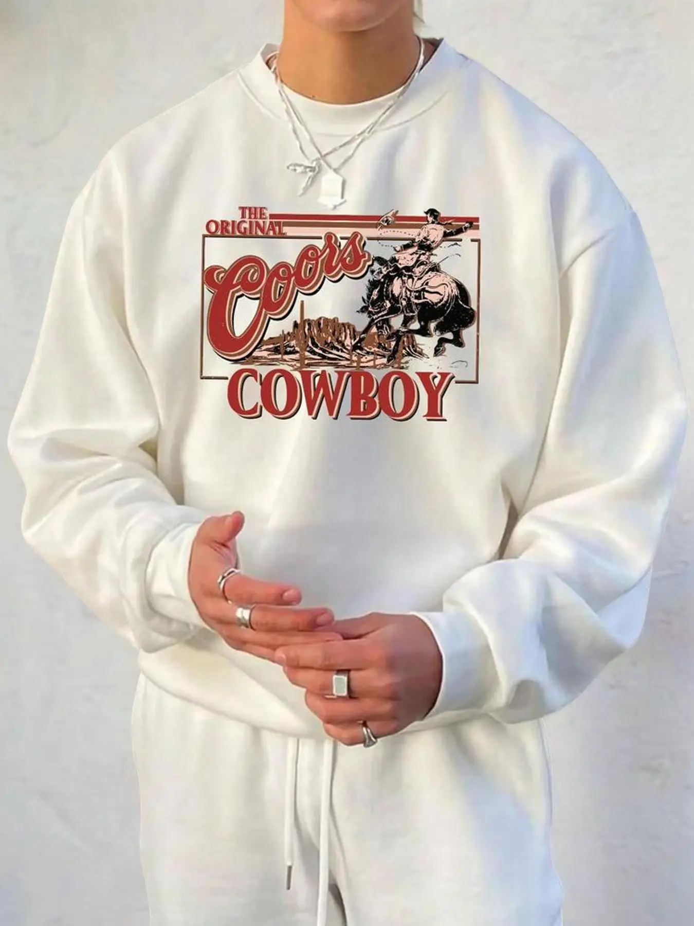 Unisex Men's Drop Shoulder Cowboy Graphic Essentials Sweatshirt, Regular Fit Western Fashion Long-sleeve Crew Neck Pullover, Men's Streetwear Clothes