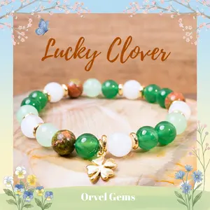 Lucky 4 Leaf Clover Charm Crystal Bracelet - Good Luck Gemstone Aventurine Unakite Moonstone Green Agate 8mm Beads - Meaningful Gift for Prosperity & Positivity - Spiritual Jewelry for Friends Family Graduation Thanksgiving Christmas New Year Gift for Her