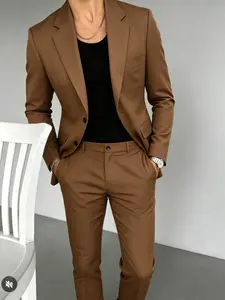 Men's Slim-Fit Blazer Suit Pants Set, High-Density Wrinkle-Resistant Fabric, Business Casual, All Seasons, Plain Pattern, Versatile Formal Wear