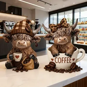 Scottish Highland Cow Statue Set, Hand-Painted Resin Animal Sculptures Figurine Decor with Tartan Hat and Coffee Cup, Christmas/halloween/easter Gift