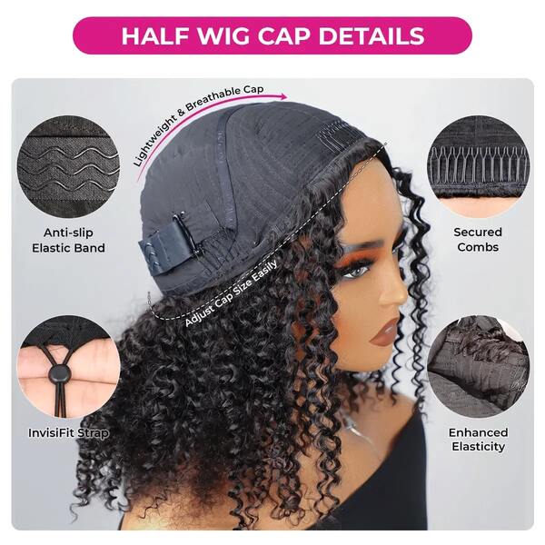 Kinky Curly Half Wig Human Hair 20 Inch 180% Density Invisible Hairline 3 In 1 Drawstring Seamless Flip Over Glueless Wigs Curly Half Wigs For Women