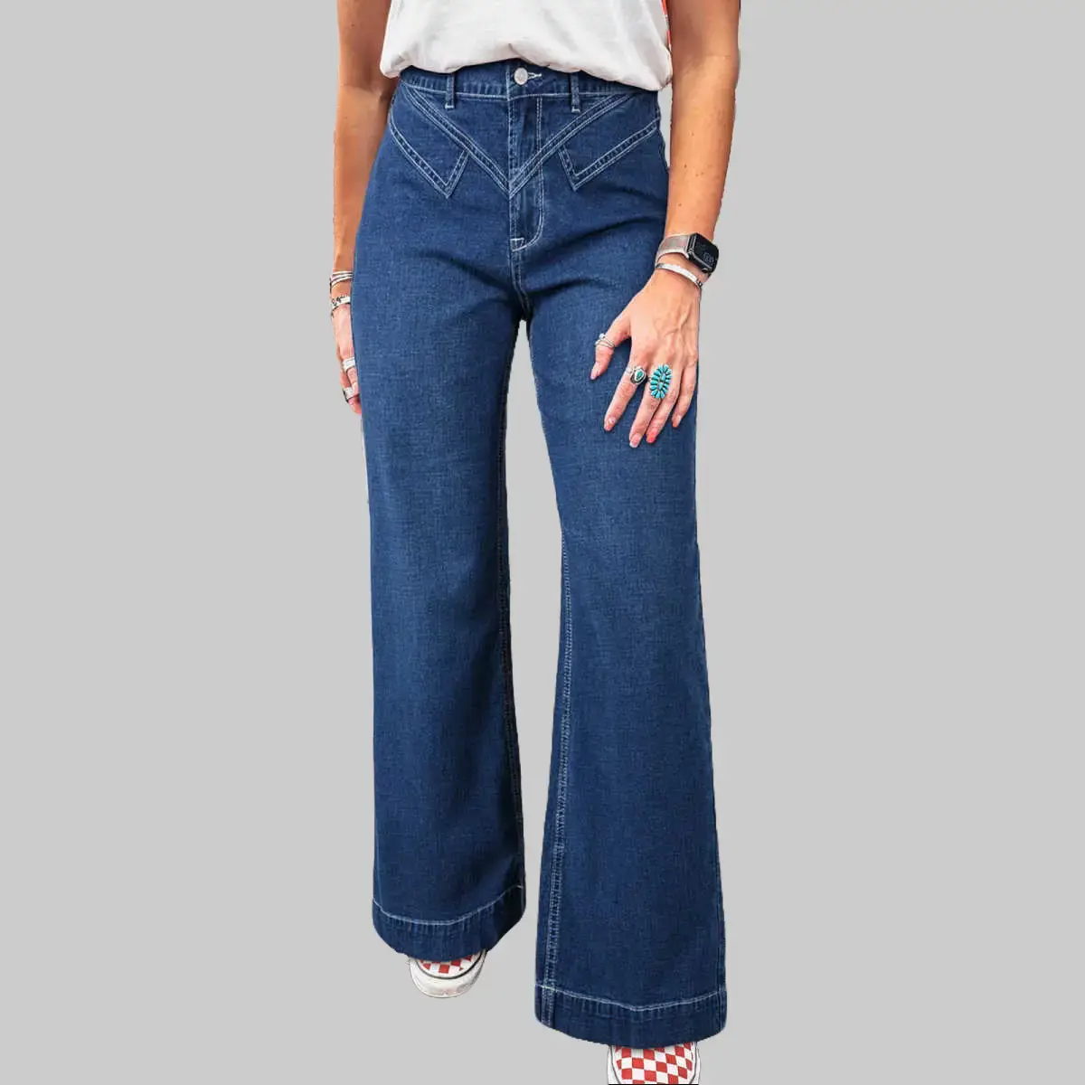 Dear-Lover Women's Retro Western High-Waist Sail Blue Stretch Cotton Elastane Denim Bottoms, Casual Clothes with Back Patch Pockets, All-Season Western Ootd Jeans