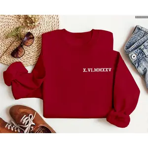 Puff Print Roman Numeral Date Embossed Couple Matching Personalised Initial on Sleeve Anniversary Gift Sweatshirt , Hottrend Fashion