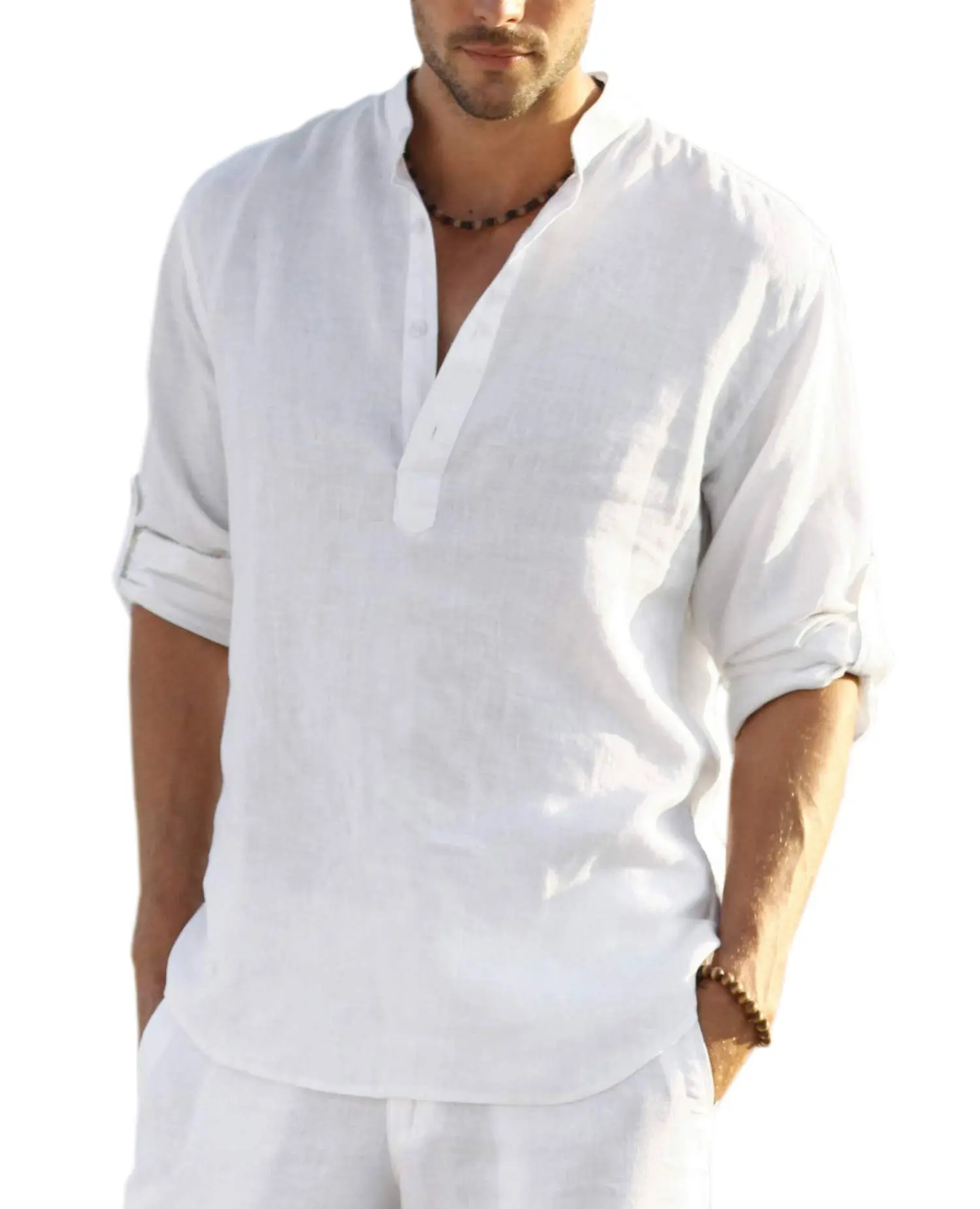 Men's Cotton Linen Henley Shirt Long Sleeve Hippie Casual Beach T Shirts