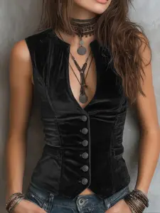 Women's Plain Retro Slim-Fitting Short Vest, Deep V Neck Single Button Velvet Waistcoat, Fashionable Spring & Fall Apparel