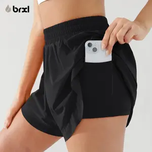 BRXL Women's 2 in 1 Flowy Running Shorts 3" High Waisted Quick Dry Bilt-in Liner with Pockets Lightweight Athletic Gym Workout