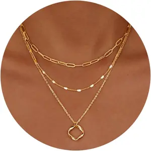 Layered Gold Necklaces for Women,Stackable Dainty  Gold  Trendy Circle Paperclip Chain Pendant Choker Necklace,Simple Gold Diamond Cross Bow  Set Gifts for Women