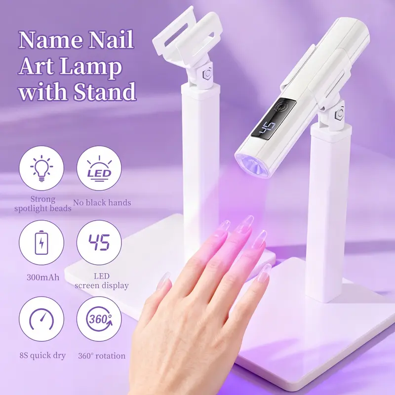 New White LCD LED Nail Light - Rechargeable Handheld Manicure Tool with 360° Rotating Multi-Functional Stand, UV Curing, LED Display for Nail Art Press-Ons