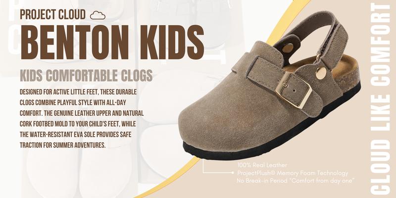 Project Cloud Kids "Little Benton Strap" Clogs for Kids Genuine Leather, Memory Foam Water Resistant Clogs Lightweight Non-Slip Girls Footwear