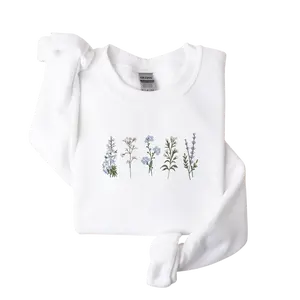 Embroidered Wildflowers Sweatshirt Cotton Crewneck, Floral Unisex Womenswear Embroidery, Botanical Athletic Long Sleeve Tops Streetwear