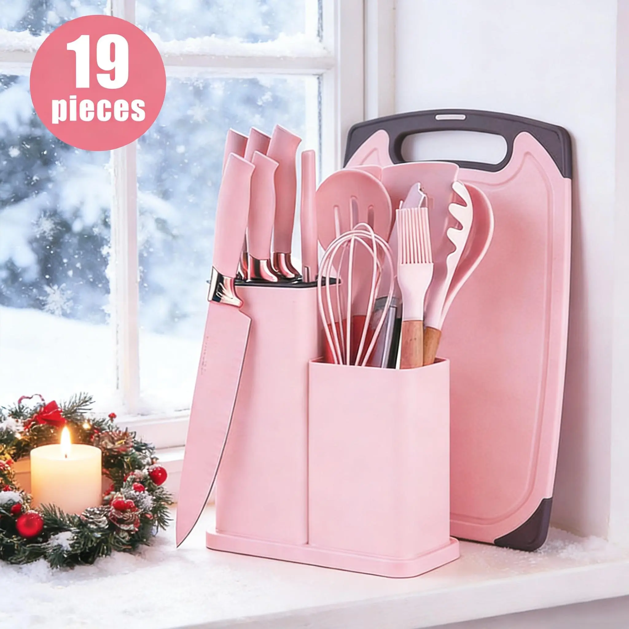 2026 pots pans set 19 Piece Kitchen Set CutleryCooking Utensils, HeatResistant Silicone Cutlery 6 Piece Sharp Knife Set2 Piece Cutlery Cutting Board  WoodCookware Rectangular Round Stove WoodenPlastic . White