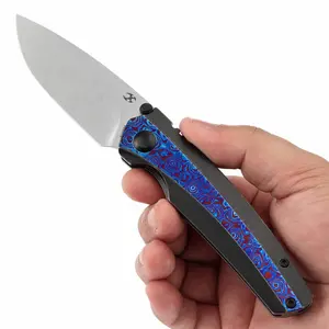 KANSEPT Raven Thumb Stub EDC Pocket Floding Knife | Titanium Frame, 3.13" CPM 20CV/Damascus Blade | Carbon Fiber, Timascus, Shred & Camocarbon Handles | Black Bird Blades Design outdoor tactical hunting