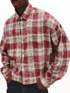 1pc Men's Vintage Y2K Plaid Flannel Shirt Drop Shoulder Loose Fit Cropped Long Sleeve Shirt Red Check