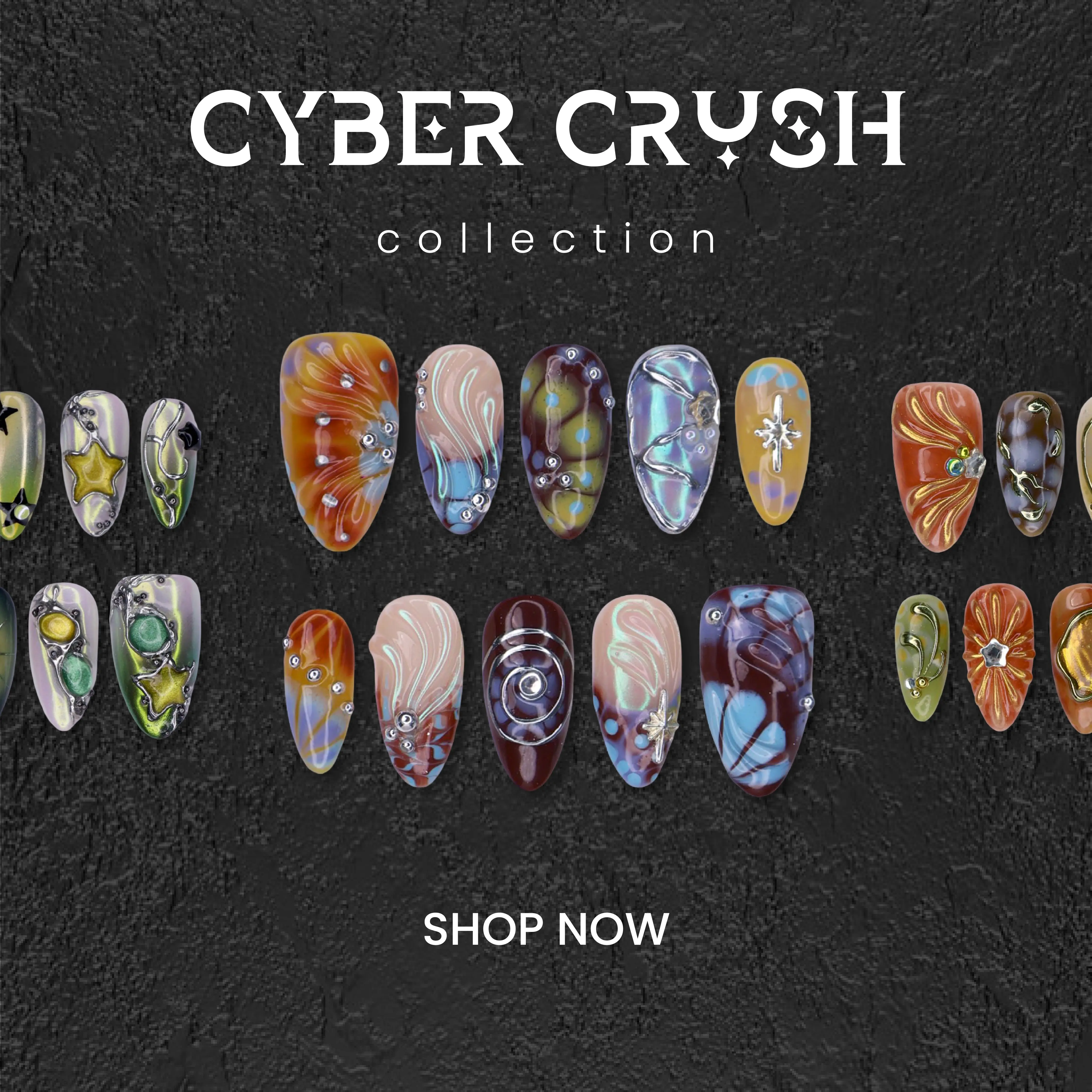 Lilynailsart | Y2K Press On Nails - Cyber Crush Chrome, Metallic & Futuristic Nail Art Collection