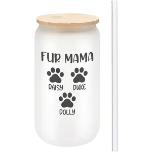 On The Rox Personalized Fur Mom Gifts For Women - Custom 16oz Frosted Beer Can Glass With Pet Names - Fur Mama Gifts for Women - Birthday Gift for Pet Parent - 1PC With Bamboo Lid And Straw