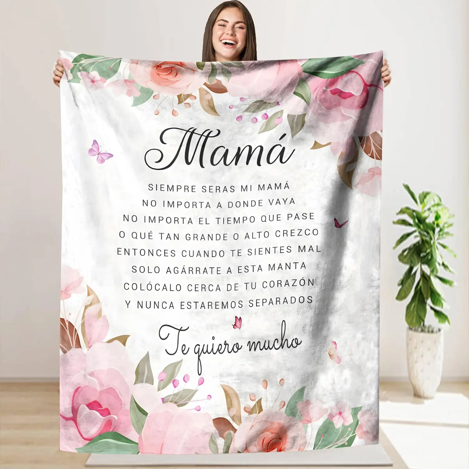Expressive 'Mama' I Love You' Spanish Engraved Flannel Blanket - Soft, Warm Flannel Throw with Floral & Butterfly Design, Ideal for All Seasons, Perfect Gift for Mom, Cozy Comfort BlanketSpanish Text BlanketVibrant Colors Throw, Mom Blanket-280GSM, Mom Gi