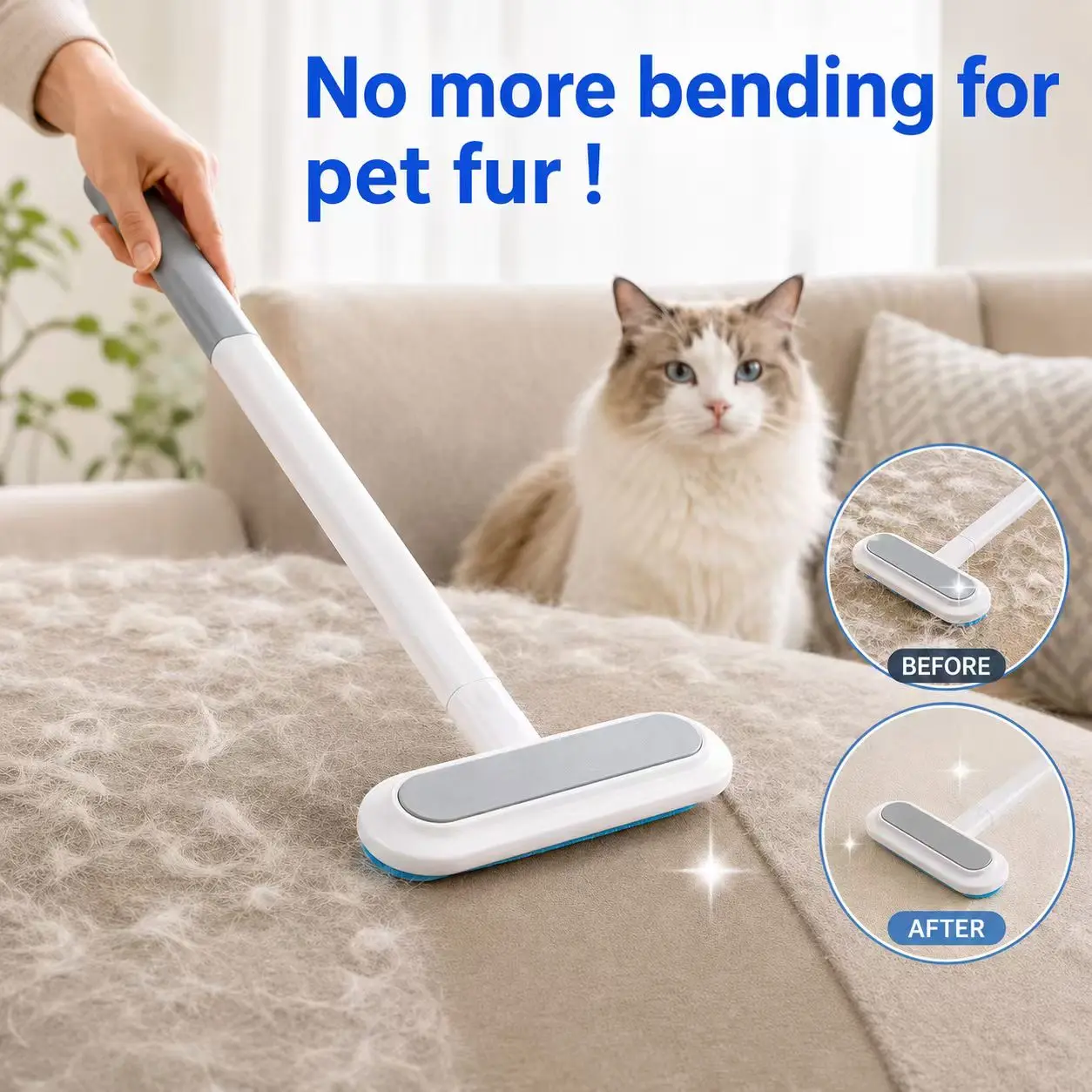 Reusable Pet Hair Remover Brush - Deshedding Tool with Dual-Surface, Compact, Lightweight, Washable Design, Long Reach Handle, Universal Fit for Dogs & Cats; Cleans Sofa to Screens, Reduces Plastic Waste