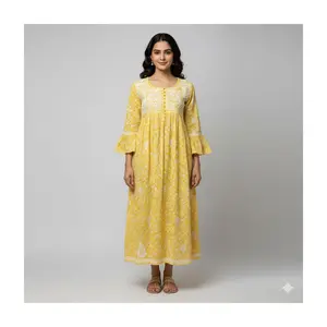 Floral Cotton Kurti Dress #Top-10 Yellow with Embroidered Yoke & Bell Sleeves for Women