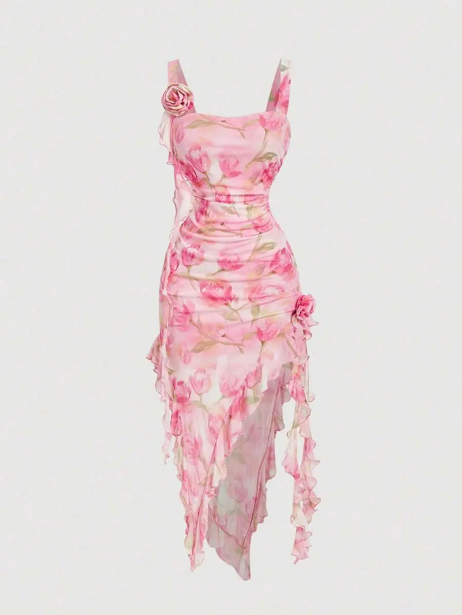 Women's Pink Floral Mesh Midi Dress Elegant Rose Print Bodycon Dress Cottagecore Ruffle Hem Wedding Guest Date Night Garden Party Dress