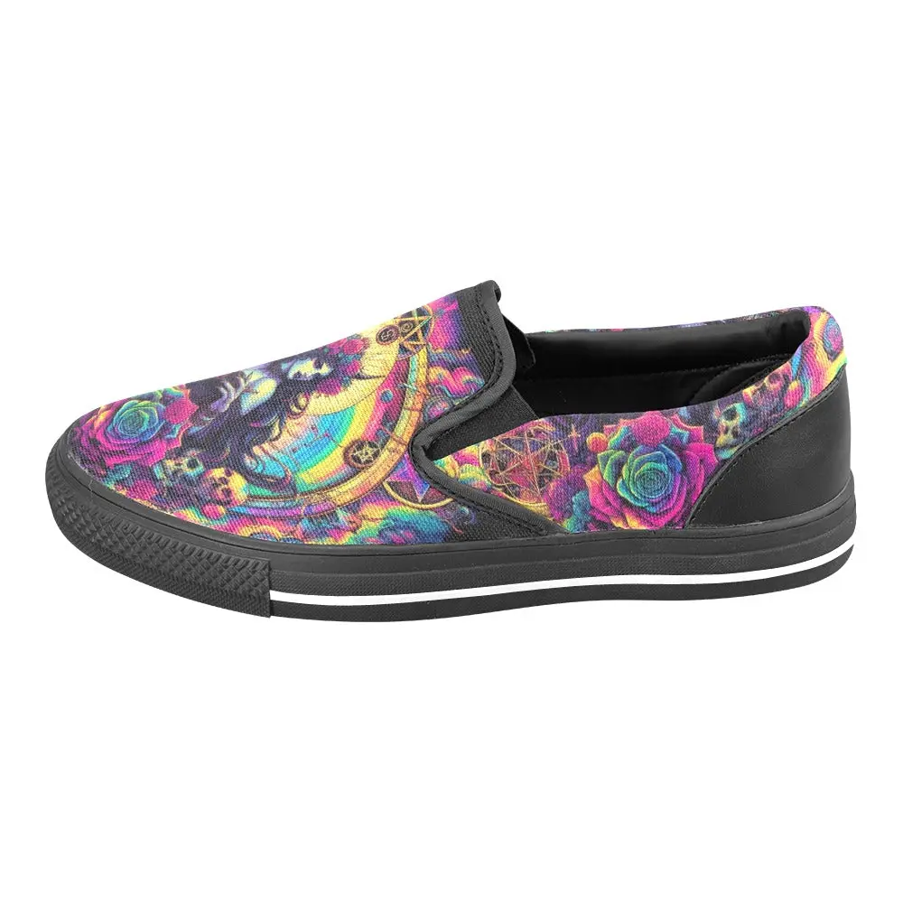 Trippy Rainbow Witch Casual Gothic Occult Everyday Athletic Slip-on Canvas Women's Shoes Print 2