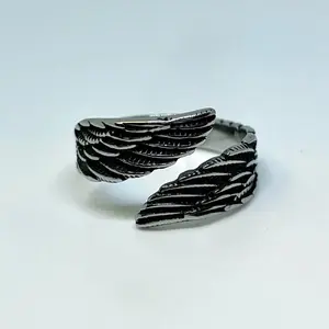 Stainless Steel Angel Wing Ring – Gothic Silver-Tone Adjustable Ring