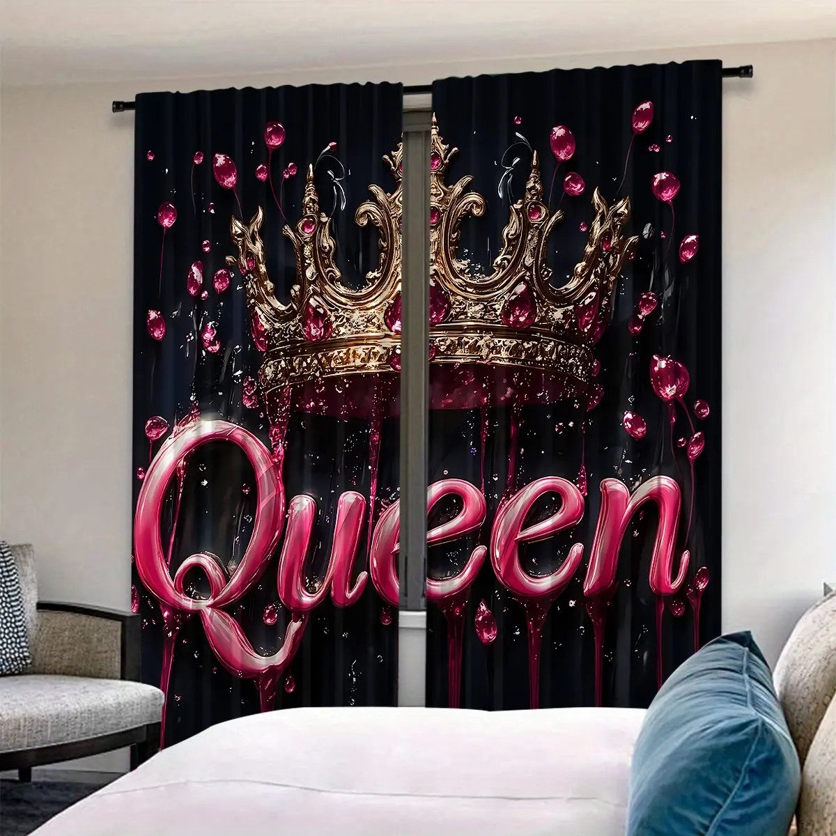 2 Piece Printed Curtains with Crown and Queen Design, Rod Pocket, Half-Transparent Privacy Curtains for Bedroom Living Room Kitchen Closet, Home Decoration Curtain, Window Curtain, Window Drapes