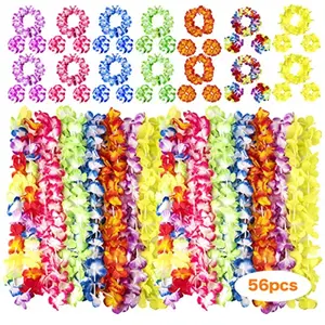 56 Counts Hawaiian Leis Luau Party Supplies of Elastic Flowers Necklaces Headbands and Wristbands Tropical Hawaiian Decorations Beach Party Decorations Birthday Party Favors