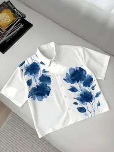 Men's Short Sleeve Open Front Shirt, Blue Watercolor Floral Print, Casual Hawaiian Street Style, Loose Fit Summer Beach Top
