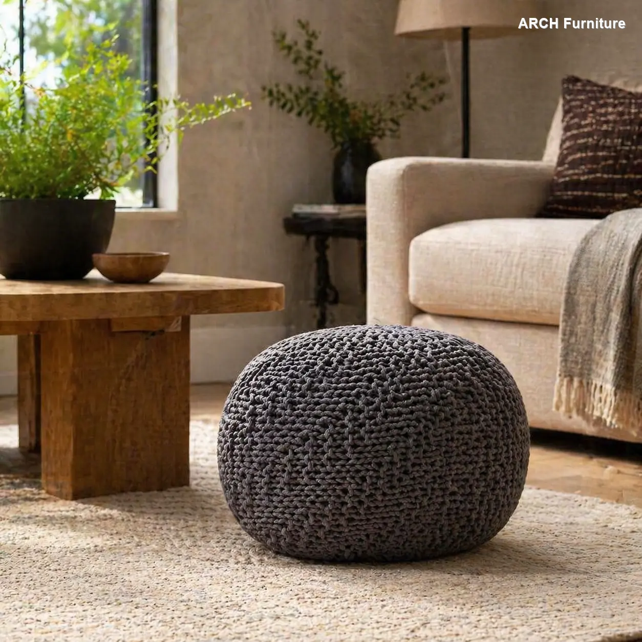 Handmade Knit Weave ARCH Fabric Upholstered Pouf Stool - Eco-Friendly Cotton Yarn Material, 20.00" W x 20.00" D x 14.00" H, 5.29lbs, Modern Cozy Indoor-Outdoor Use Living Room Footstool Furniture