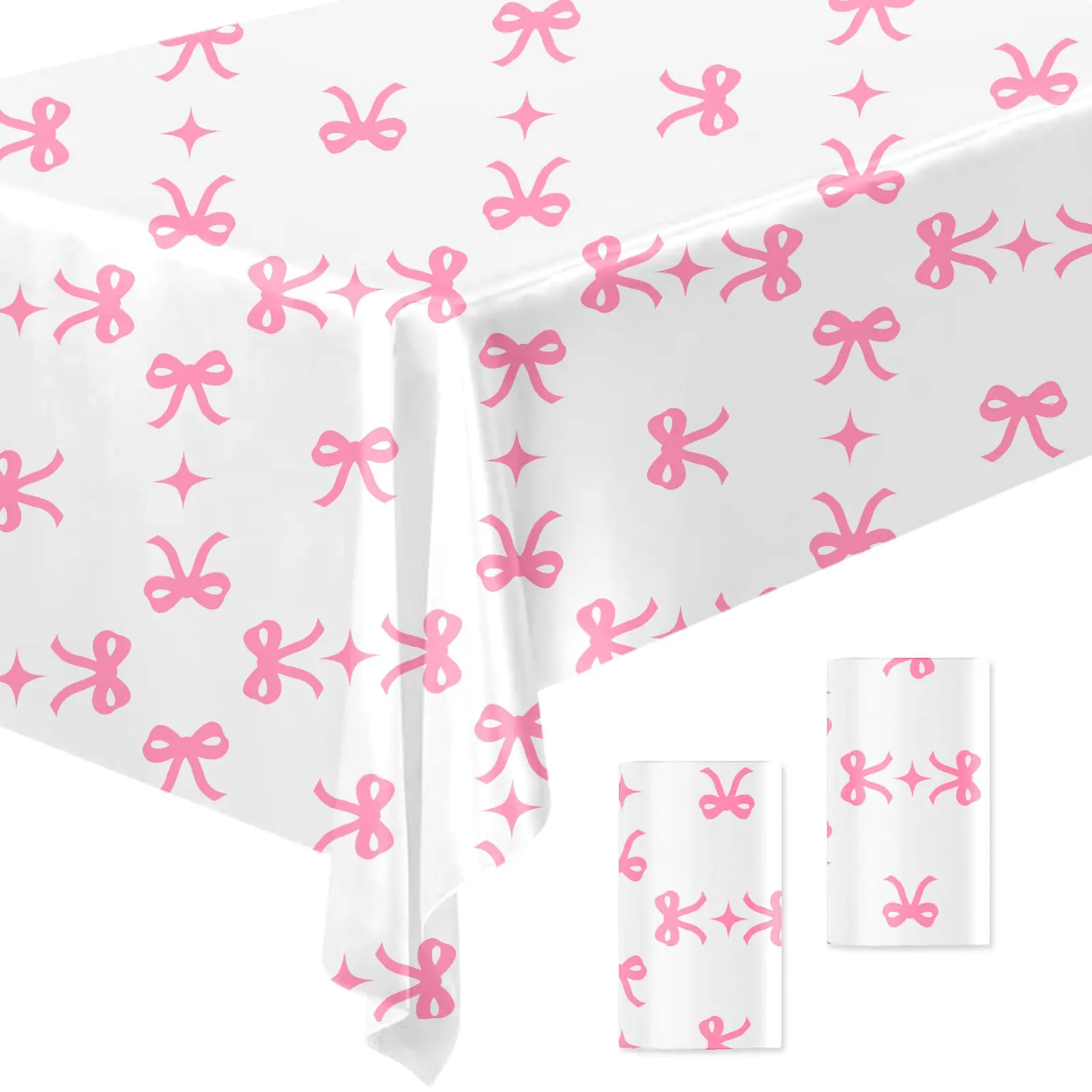 2 Pcs Pink Bow Tablecloth - Disposable Waterproof Covers for Birthday, Bridal, Baby Shower, Bachelorette