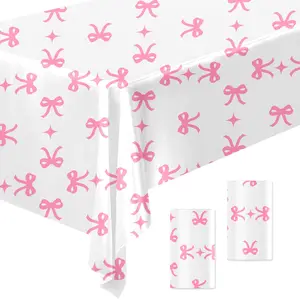 2 Pcs Pink Bow Tablecloth - Disposable Waterproof Covers for Birthday, Bridal, Baby Shower, Bachelorette