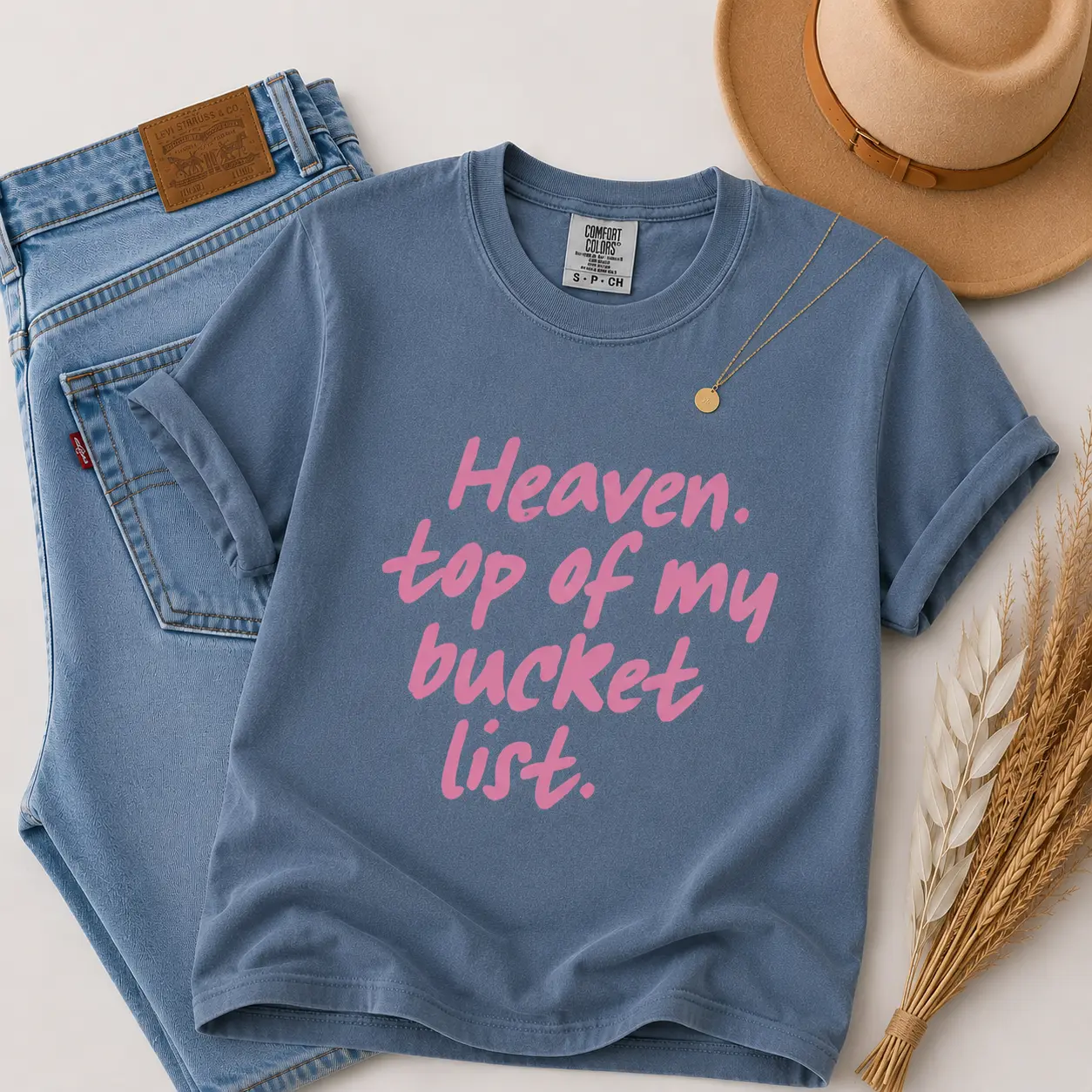 Christian Graphic T-Shirt for Women, Trendy 'Heaven Top Of My List' Print, Casual Everyday Cotton Shortsleeve Top, Tshirt