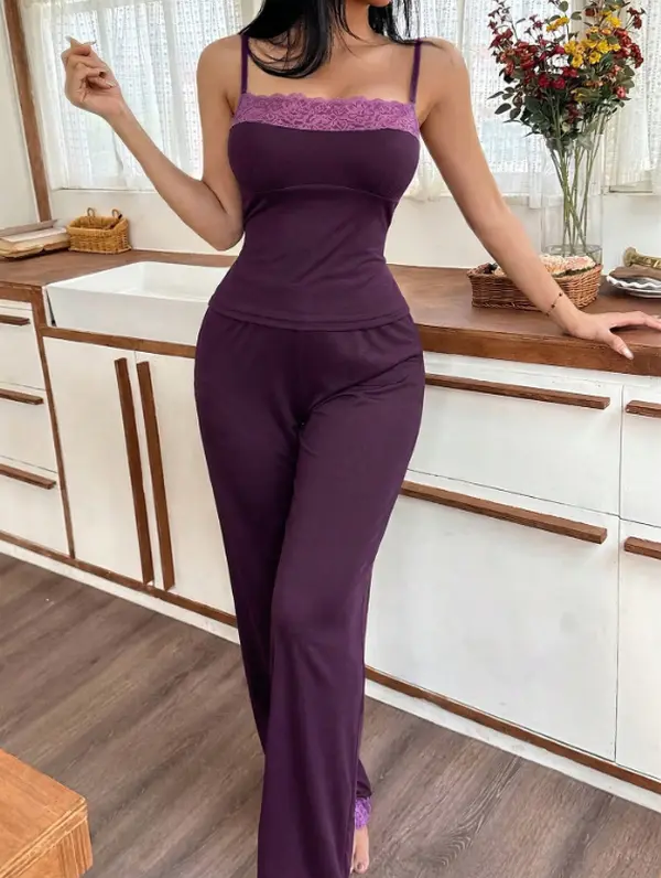 SweetSlumber Lace Patchwork Camisole And Pants Women Pajama Set Black Sleeveless Crop Fabric